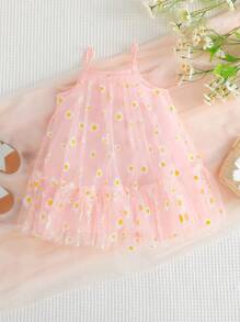 Đứa bé gái In hoa Cúc Lớp phủ lưới Xù Hoa Sen Váy Dây - Màu Hồng baby - Xem 2
