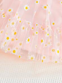 Đứa bé gái In hoa Cúc Lớp phủ lưới Xù Hoa Sen Váy Dây - Màu Hồng baby - Xem 4