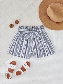 RueChic Girls Striped & Geo Print Paperbag Waist Belted Shorts - Multicolor - View 1