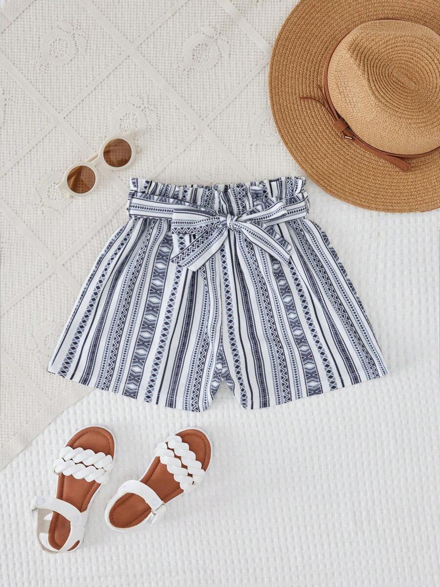 RueChic Girls Striped & Geo Print Paperbag Waist Belted Shorts - Multicolor - View 1
