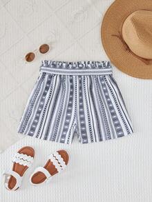 RueChic Girls Striped & Geo Print Paperbag Waist Belted Shorts - Multicolor - View 2