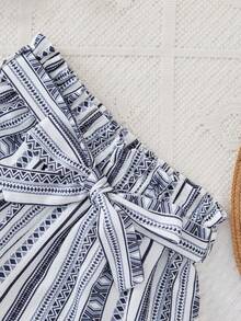 RueChic Girls Striped & Geo Print Paperbag Waist Belted Shorts - Multicolor - View 3