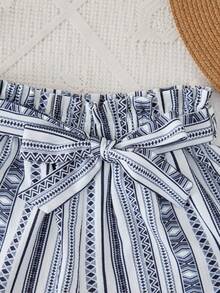 RueChic Girls Striped & Geo Print Paperbag Waist Belted Shorts - Multicolor - View 6