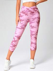 Yoga Trendy 迷彩印花寬腰帶頂針不對稱下擺七分運動打底褲 - 粉色 - 查看 3