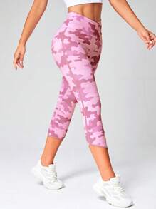 Yoga Trendy 迷彩印花寬腰帶頂針不對稱下擺七分運動打底褲 - 粉色 - 查看 4