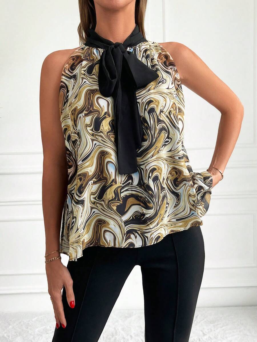 Cottnline Marble Print Tie Neck Blouse - Nhiều màu - Xem 1