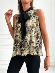 Cottnline Marble Print Tie Neck Blouse - Nhiều màu - Xem 3