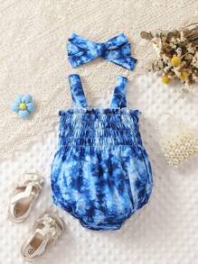 Bodysuits Bé Gái viền lá sen Dải chun Cà vạt nhuộm - Màu xanh lam - Xem 1