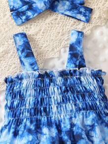 Bodysuits Bé Gái viền lá sen Dải chun Cà vạt nhuộm - Màu xanh lam - Xem 3