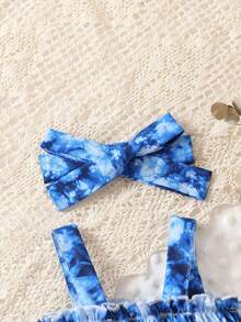 Bodysuits Bé Gái viền lá sen Dải chun Cà vạt nhuộm - Màu xanh lam - Xem 5