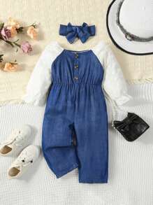 Baby Girl Contrast Raglan Sleeve Jumpsuit & Headband - Blue and White - View 1