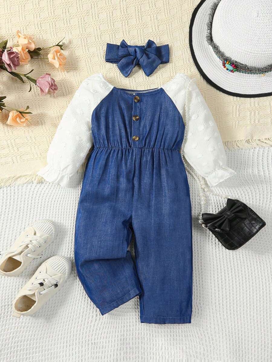 Baby Girl Contrast Raglan Sleeve Jumpsuit & Headband - Blue and White - View 1