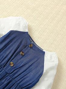 Baby Girl Contrast Raglan Sleeve Jumpsuit & Headband - Blue and White - View 4