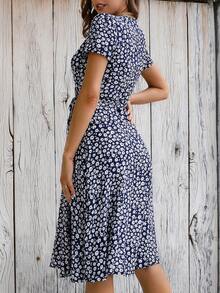 Ditsy Floral Print Knot Side Wrap Dress - Navy Blue - View 2