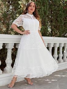 Simplee Talla grande Vestido de cuello alto con encaje - Blanco - Ver 1