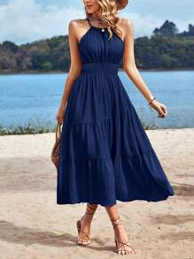 Breezaya Solid Ruffle Hem Halter Dress - Navy Blue - View 1