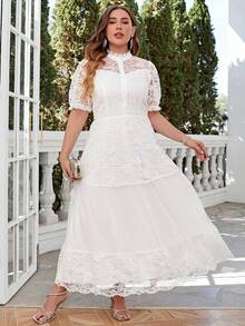 Simplee Talla grande Vestido de cuello alto con encaje - Blanco - Ver 4