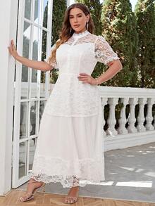 Simplee Talla grande Vestido de cuello alto con encaje - Blanco - Ver 5