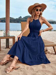 Breezaya Solid Ruffle Hem Halter Dress - Navy Blue - View 4