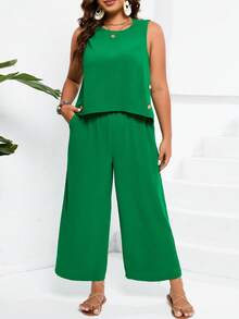 大碼紐扣細節背心上衣和闊腿褲 - 綠色 - 查看 3