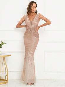 Rochie de petrecere cu tiv sirenă cu decor cu strasuri - Aur - Vizualizare 4