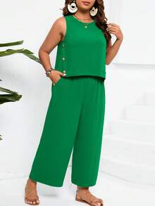 大碼紐扣細節背心上衣和闊腿褲 - 綠色 - 查看 5
