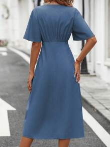 SHEIN Clasi 素色前紐扣蝴蝶袖連衣裙 - 藍色 - 查看 2