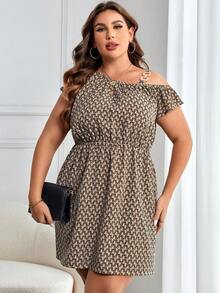 Đầm Plus Size Bất đối xứng Chuỗi Tất cả trên in Giải trí - Màu Khaki - Xem 3