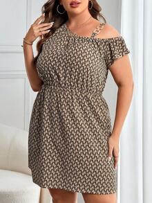Đầm Plus Size Bất đối xứng Chuỗi Tất cả trên in Giải trí - Màu Khaki - Xem 5