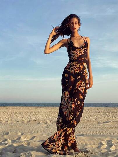 Floral Print Tie Backless Cami Dress