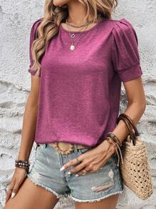 EMERY ROSE Women's Solid Color Round Neck Casual Loose T-Shirt - Red Violet - View 5