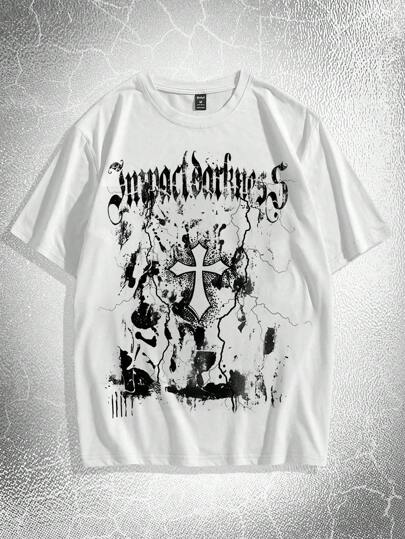 Goth Men Cross Graphic Tee For Halloween, School, 2000s Style