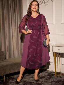 SHEIN Clasi Plus Feather Print Belted Dress - Burgundy - View 3