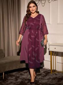 SHEIN Clasi Plus Feather Print Belted Dress - Burgundy - View 4