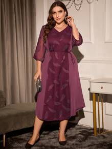 SHEIN Clasi Plus Feather Print Belted Dress - Burgundy - View 5