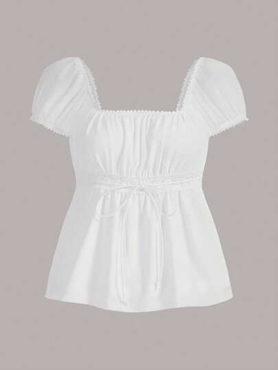 CovetEZ Summer Outfits Square Neck Puff Sleeve Tie Front Tee