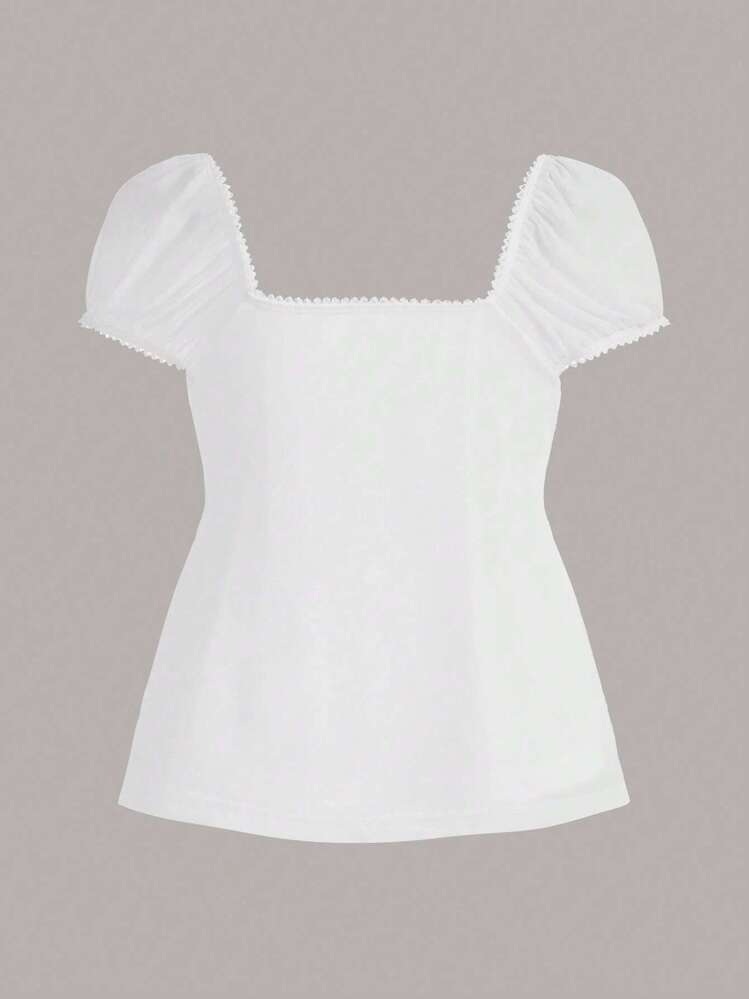 CovetEZ Summer Outfits Square Neck Puff Sleeve Tie Front Tee - White - View 2