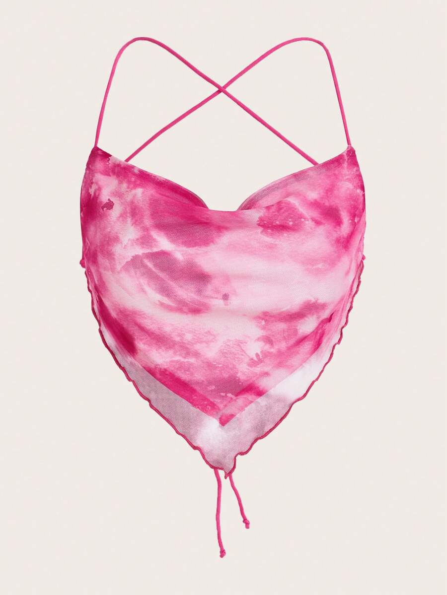 SHEIN EZwear 紮染木耳邊頭巾下擺吊帶上衣 - 玫紅色 - 查看 1