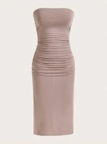 SHEIN EZwear Solid Ruched Tube Dress Strapless Dress - Apricot - View 1