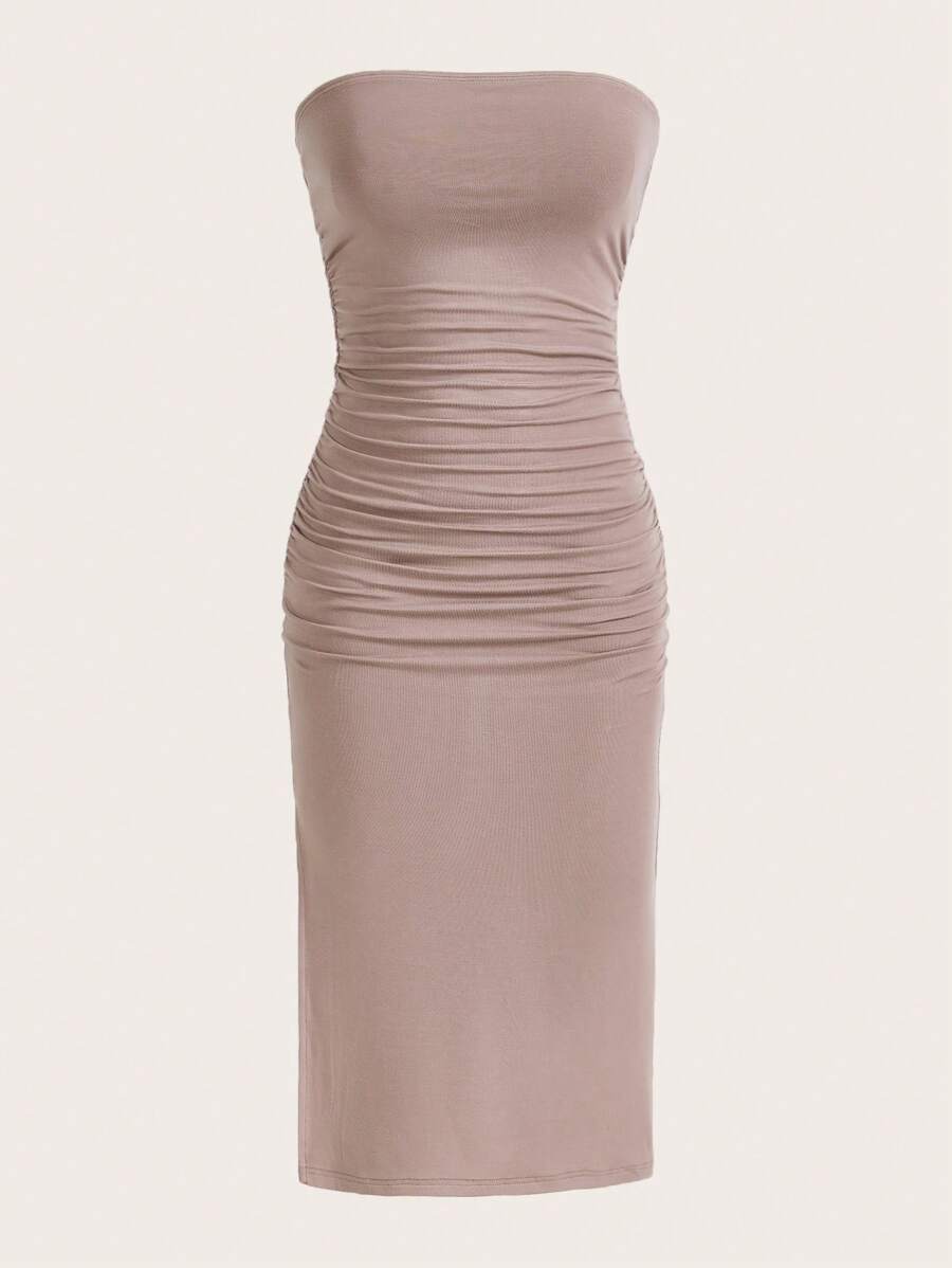 SHEIN EZwear Solid Ruched Tube Dress Strapless Dress - Apricot - View 1