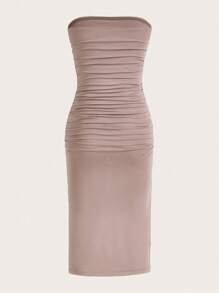 SHEIN EZwear Solid Ruched Tube Dress Strapless Dress - Apricot - View 2