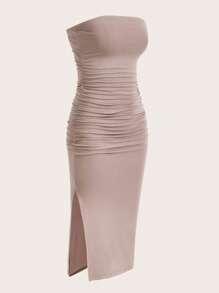 SHEIN EZwear Solid Ruched Tube Dress Strapless Dress - Apricot - View 4