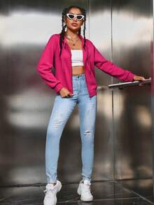 SHEIN EZwear Quần áo thể thao nữ Dây kéo màu trơn Giải trí - Màu Hồng Tươi - Xem 3