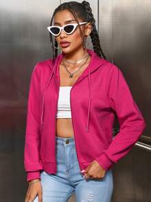 SHEIN EZwear Quần áo thể thao nữ Dây kéo màu trơn Giải trí - Màu Hồng Tươi - Xem 5