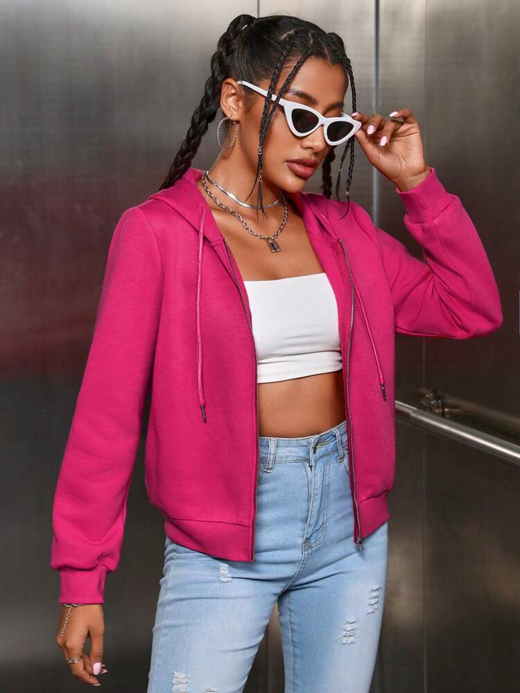 SHEIN EZwear 拉鏈開襟抽繩連帽衫 - 玫紅色 - 查看 6