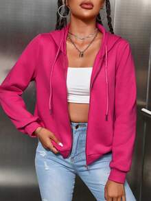 SHEIN EZwear Quần áo thể thao nữ Dây kéo màu trơn Giải trí - Màu Hồng Tươi - Xem 7