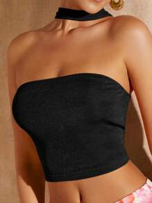 SHEIN BAE Áo khoác và áo lót dành cho xe tăng nữ Gân đan màu trơn Giải trí - màu đen - Xem 3