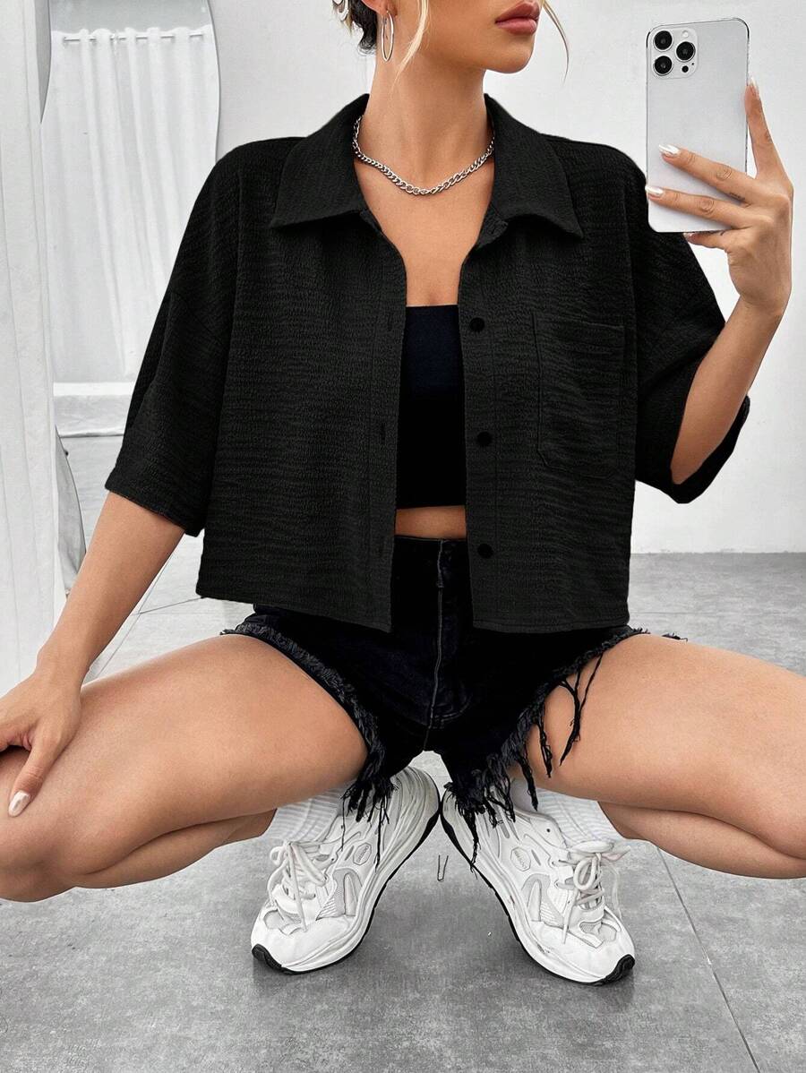 SHEIN EZwear Solid Button Front Pocket Patched Shirt