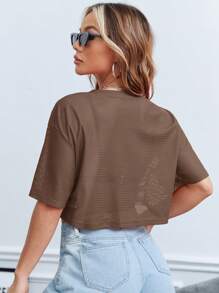 SHEIN EZwear In số Thả vai Áo phông Crop - Màu nâu  Mocha - Xem 2