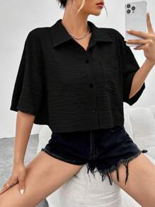 SHEIN EZwear Solid Button Front Pocket Patched Shirt